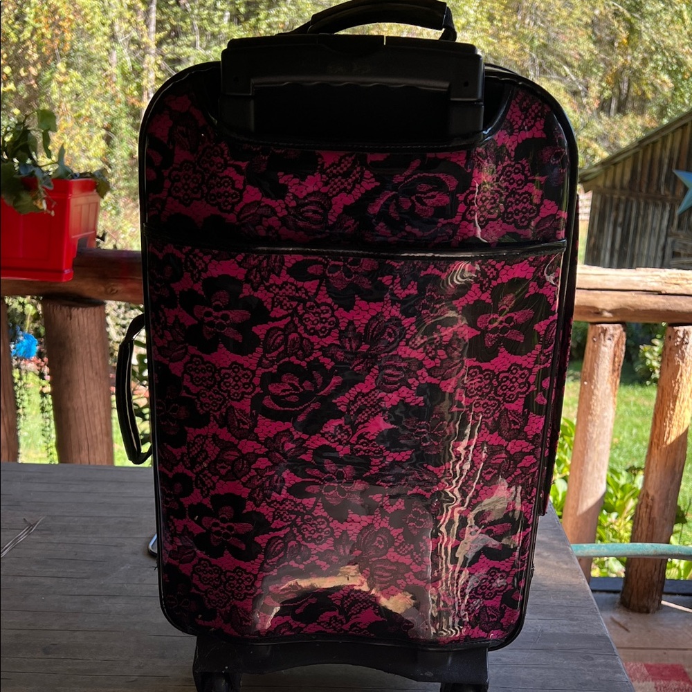 Betsey Johnson Betseyville Pink and Black patent leather Floral 20” suitcase. - Picture 5 of 11